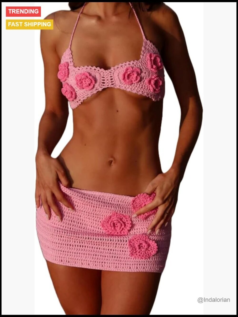 Crochet Two Piece Skirt Set Sleeveless Crop Top Mini Skirt Beach Vacation Outfit
